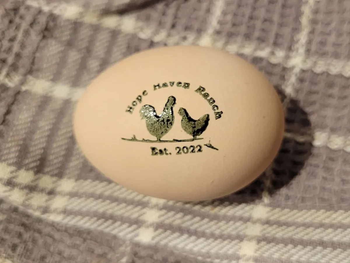 A farm-fresh egg stamped with the Hope Haven Ranch logo, Est. 2022